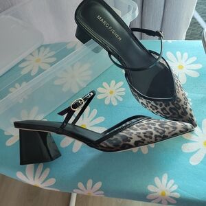 Marc Fisher Black and Leopard Block Heel Sandals